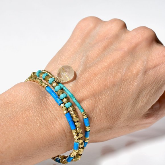 18k Vermeil Set Of Three Turquoise Stretch Bracelet - Picture 3 of 4